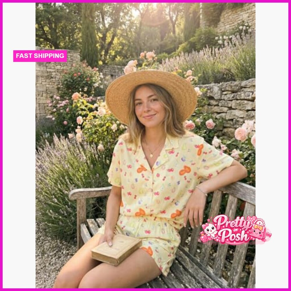 Polyester Elastane V-Neck Button Up Pajama Set Sl… - image 6